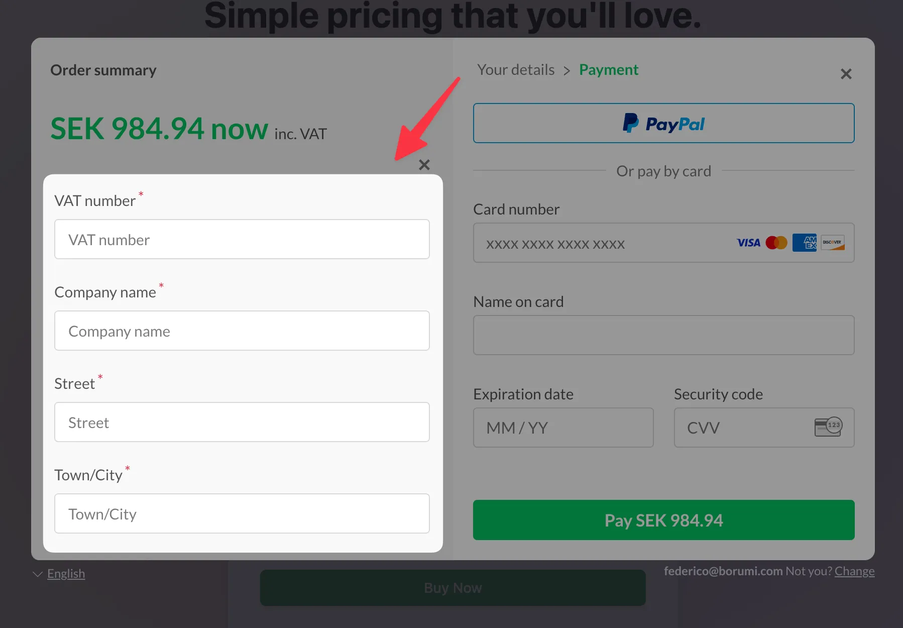 Paddle checkout form for VAT number, company name, street, and town or city