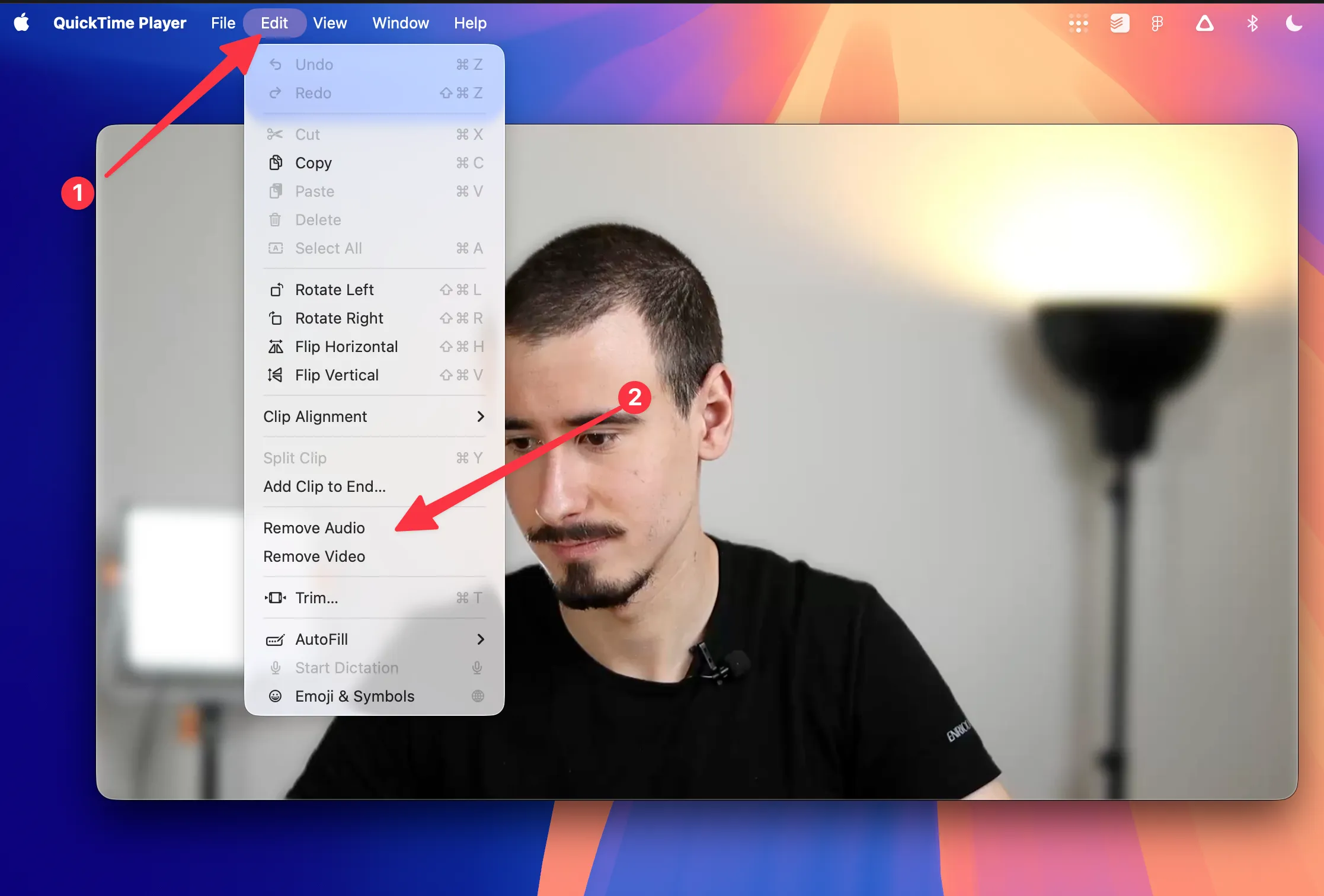QuickTime Player on Mac showing the Edit menu with Remove Audio selected