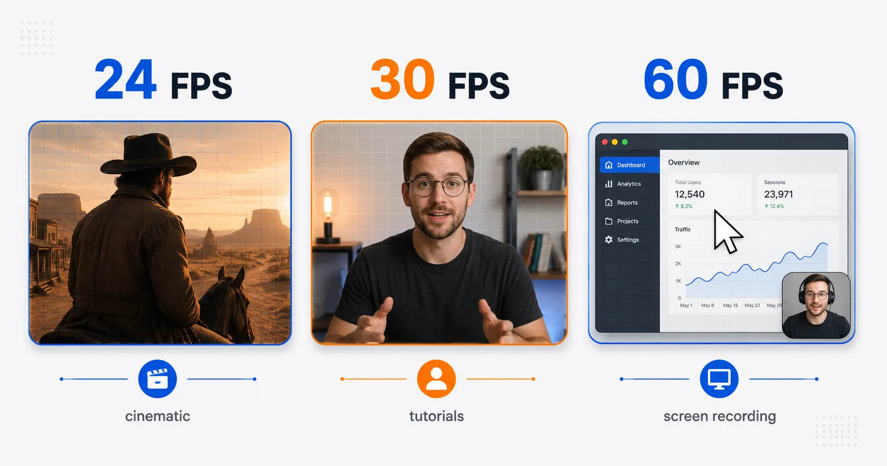 Video frame rate use cases for cinematic video, tutorials, screen recordings, gameplay, and slow motion
