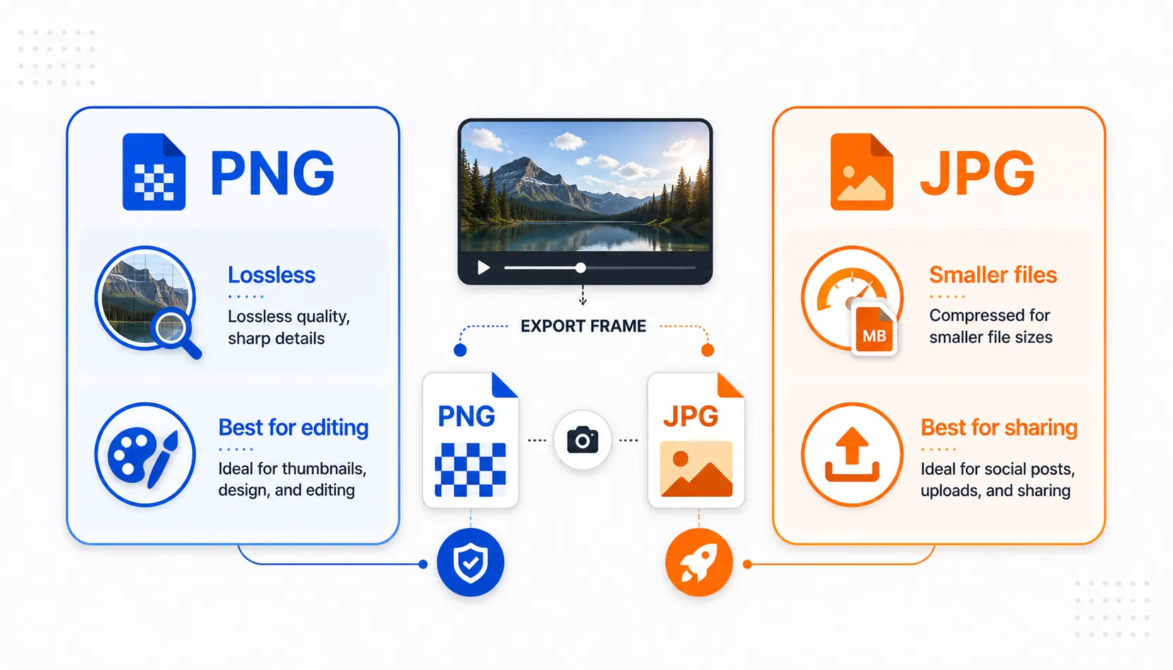PNG vs JPG comparison for exported video frames, showing lossless editing quality and smaller sharing files