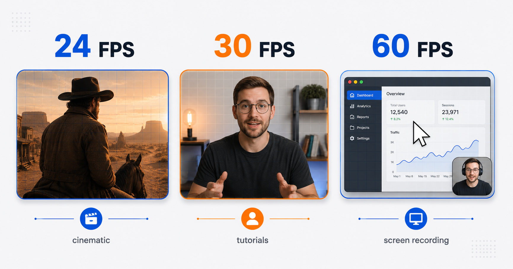 Video frame rate use cases for cinematic video, tutorials, screen recordings, gameplay, and slow motion